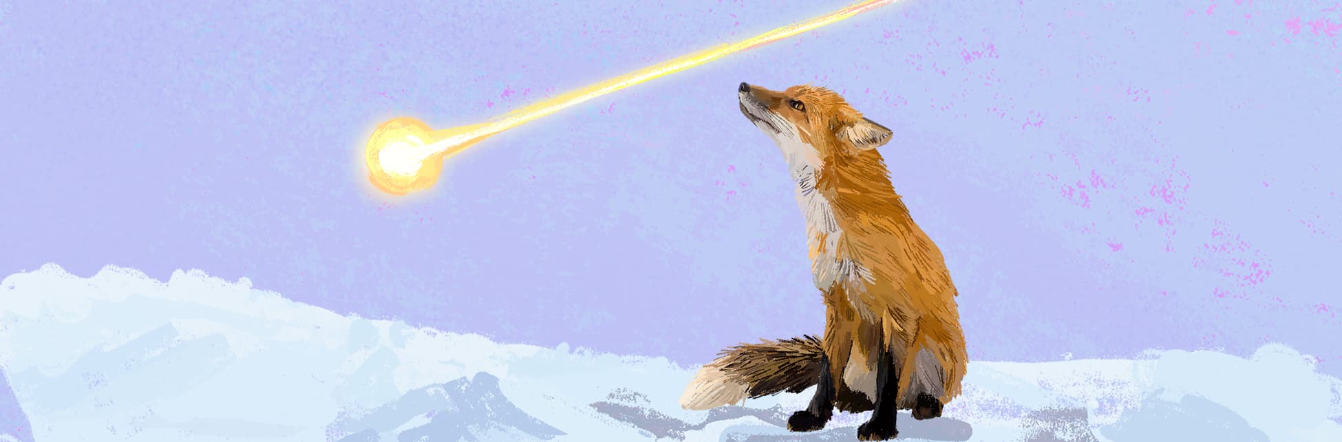 Ilustración horizontal. En la parte inferior derecha de la imagen un zorro de medio perfil sentado sobre una superficie helada con su hocico apuntando al cielo. Tiene su mirada fija en una forma que pasa diagonal a él, una bola de color amarillo intenso que deja una estela en el cielo.