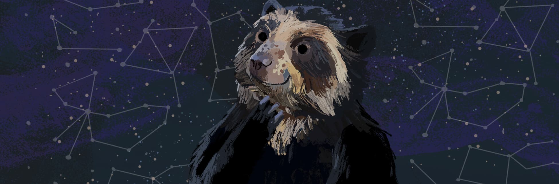 Ilustración. Sobre un fondo de puntitos blancos y diferentes constelaciones, un oso de ante ojos, con una mirada tierna y una de sus patas abajo de sus boca.