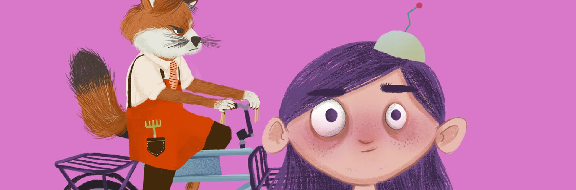 Ilustración. En la parte inferior de la imagen una niña de frente y en primer plano, tiene cabello, ojos y cejas moradas y sobre su cabeza tiene una especie de gorro que es un medio círculo gris del que sale una antena. Detrás de ella un zorro en una bicicleta con un delantal de jardinería, el zorro tiene una expresión que parece de enojo.
