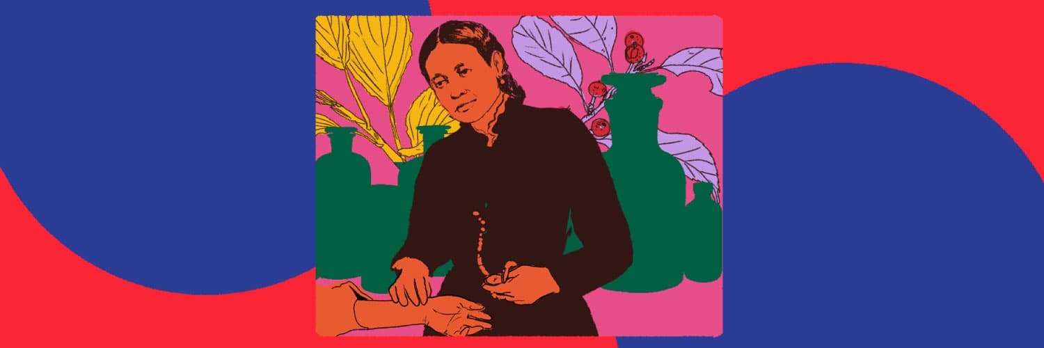 Ilustración. En un recuadro, una mujer de medio cuerpo y de frente, tiene cabello corto y oscuro. Tiene su mano derecha sobre la muñeca de otra persona. Atrás varias plantas y la silueta de frascos.