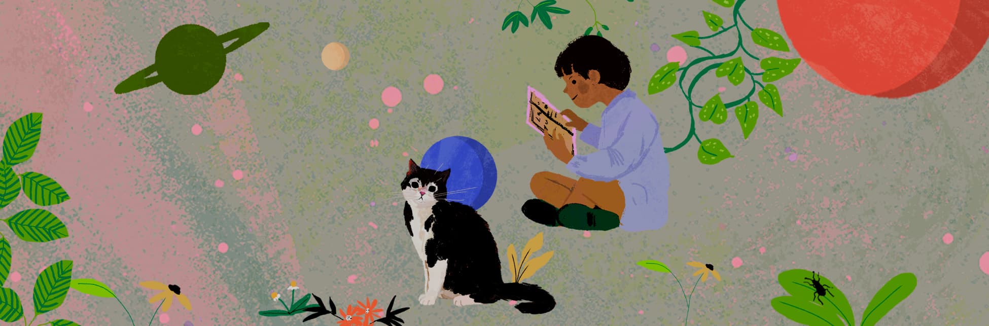 Ilustración. En la parte derecha de la imagen una niña de perfil y cuerpo completo. Está sentada leyendo un libro que sostiene con ambas manos a la altura de su pecho. Tiene cabello corto y oscuro. Debajo de ella un gato con manchas negras y blancas que está de perfil pero mira hacia el frente.