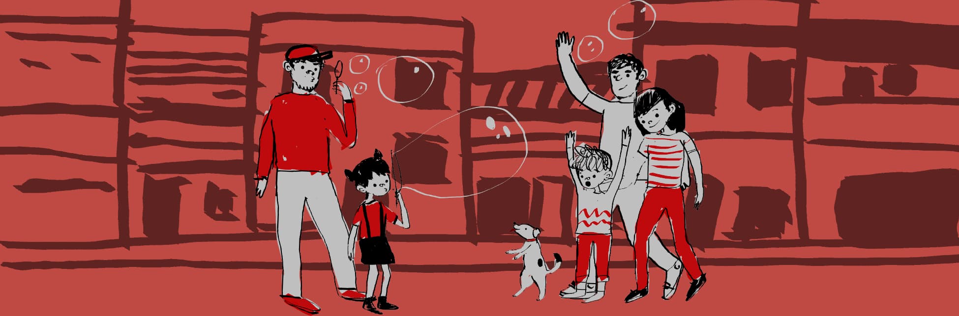 Ilustración. Sobre un fondo rojo con elementos en blanco y negro, se observa una escena barrial con palmera, casas y personas. Hay un grupo de niños y adultos caminando, saludando y jugando con burbujas, acompañados por un perro.