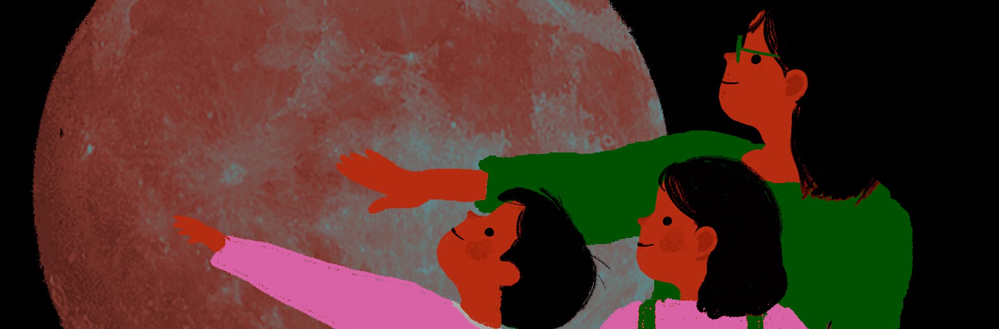 Ilustración. En primer plano, tres personas con piel rojiza y cabello negro observan el cielo. Una mujer con suéter verde extiende su brazo derecho, señalando un punto en el cielo. Dos niños, uno con suéter blanco y otro con suéter rosa, miran en la misma dirección con expresiones de asombro. De fondo, una gran luna llena en tonos rojizos ocupa casi toda la imagen.