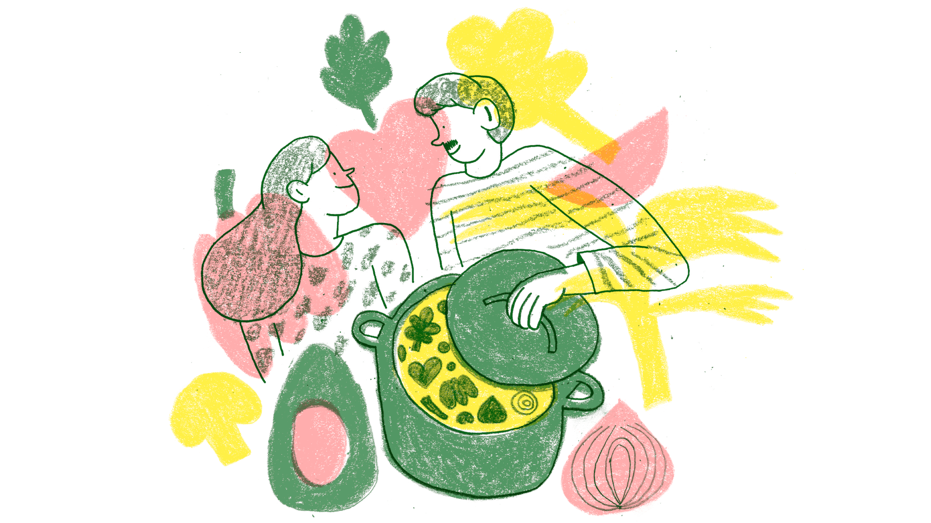 Ilustración. Dos personas, en plano medio, se miran la una a la otra. En el centro aparece una gran olla en la que se está cocinando un sancocho. Un aguacate, un pimentón, un corazón, un brócoli y una cebolla rodean la olla.