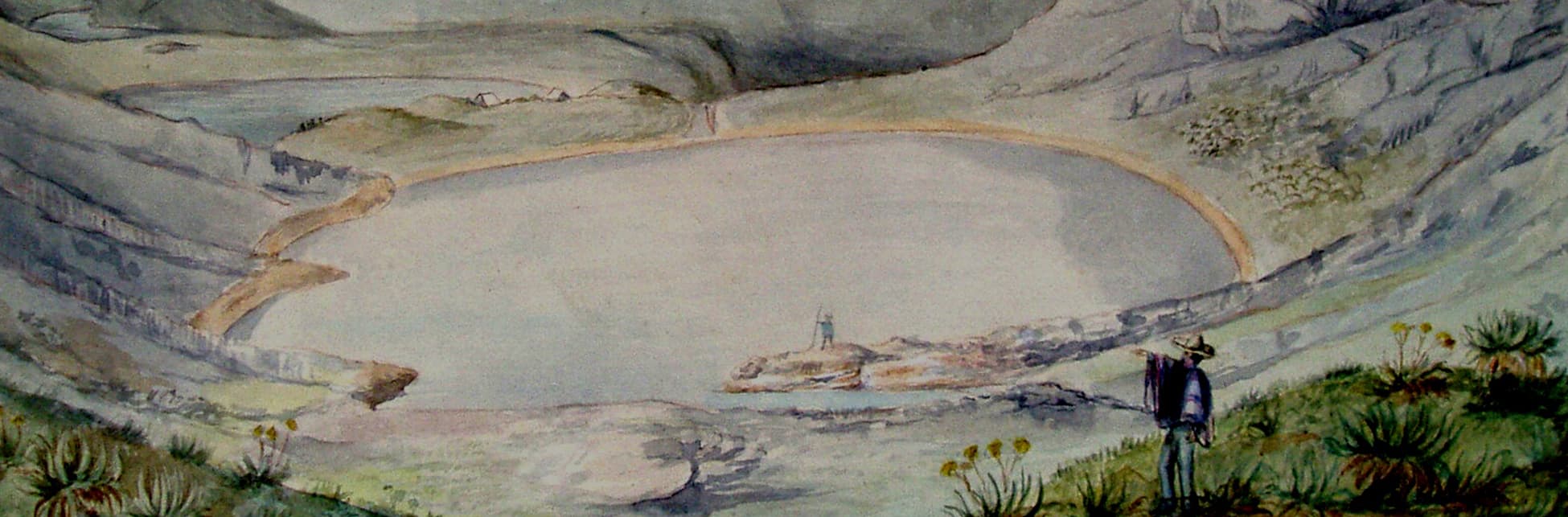Ilustración. En el centro de la imagen un lago con forma ovalada rodeado de montañas. Dos personas lo miran de lejos.