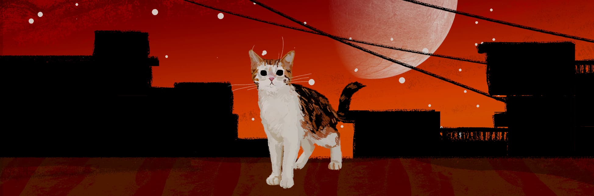 Ilustración. En la parte inferior un gato de pie y de medio perfil, en el cielo la foto de dos lunas del sistema solar.