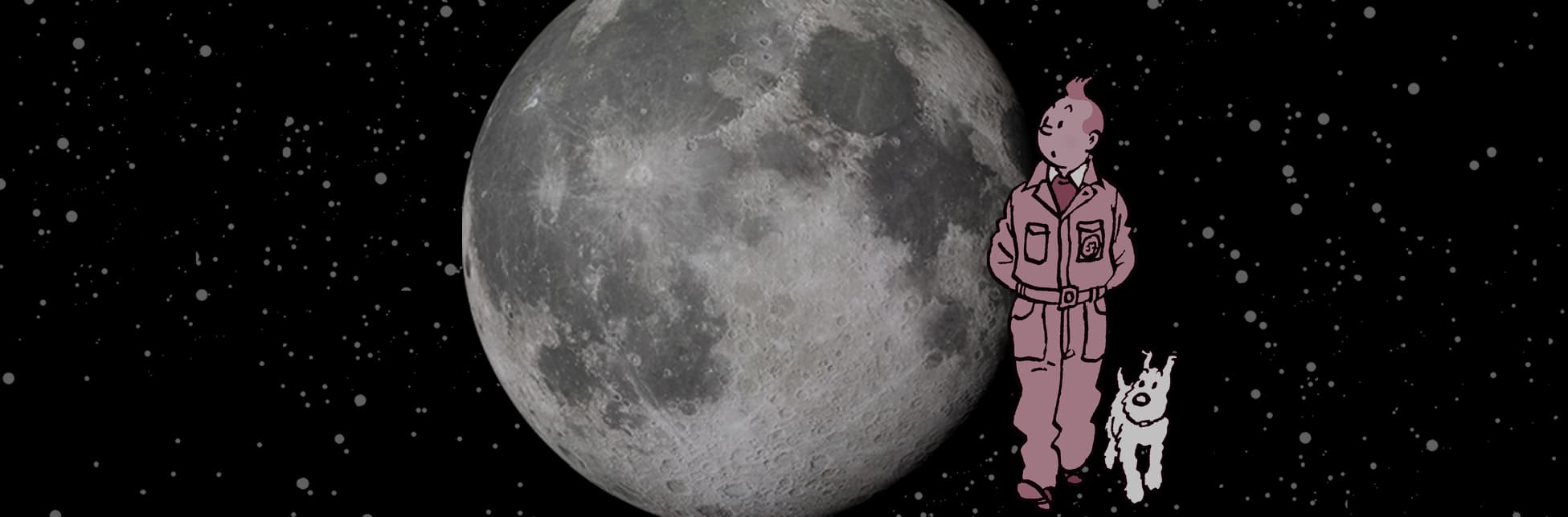 Ilustración. Sobre un fondo negro estrellado destaca una imagen grande de la Luna en tonos grises. A la derecha, frente a la Luna, aparece el personaje Tintín caminando junto a su perro Milú, ambos ilustrados en tonos rosados.