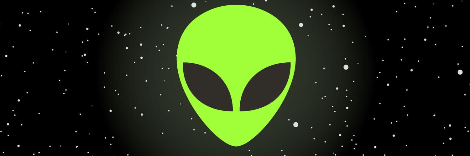 ilustración. Sobre un fondo negro con estrellas, en el centro de la imagen la silueta de un alien verde con dos ojos grandes ovalados.