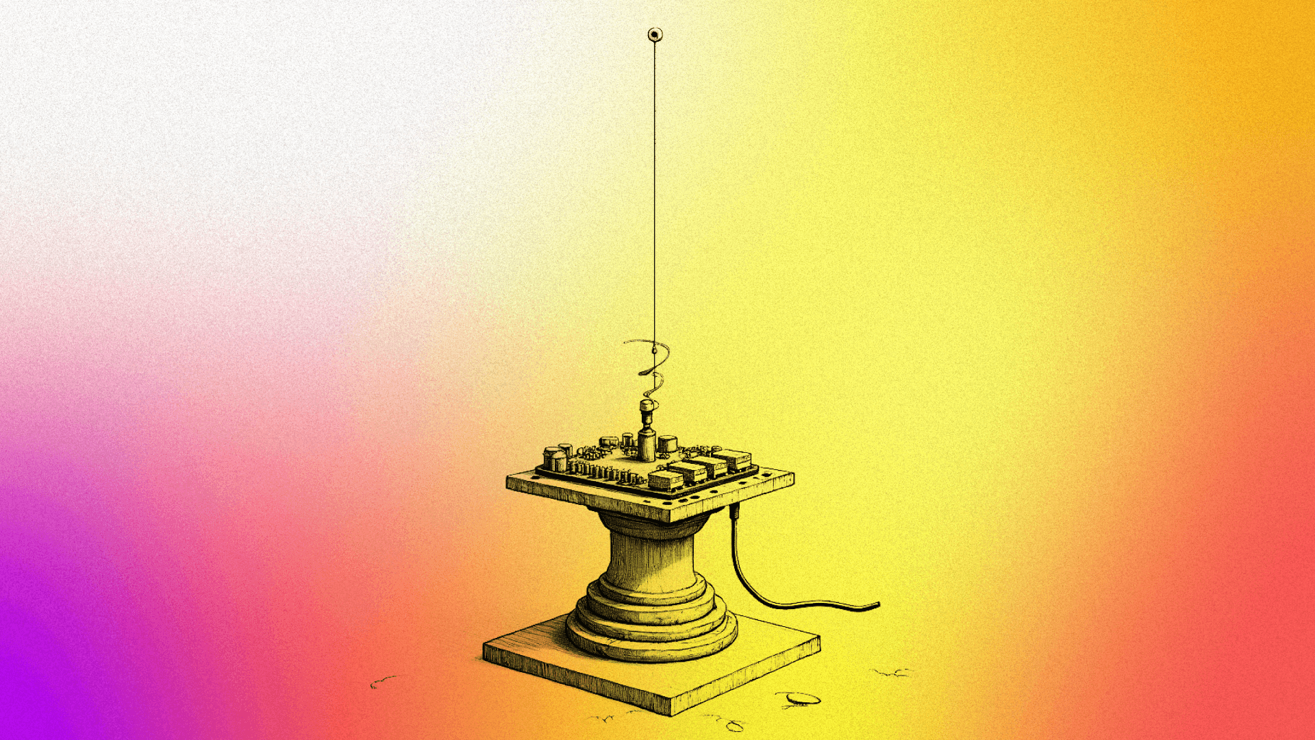 Ilustración. Sobre un fondo degradado de tonos violetas, amarillos y naranjas hay un dispositivo con cables y una antena, montado sobre una base circular.