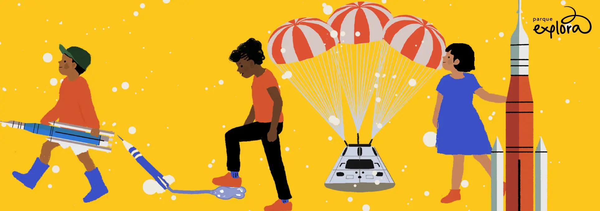 Ilustración sobre fondo amarillo con cohetes, paracaídas y niñas y niños jugando.