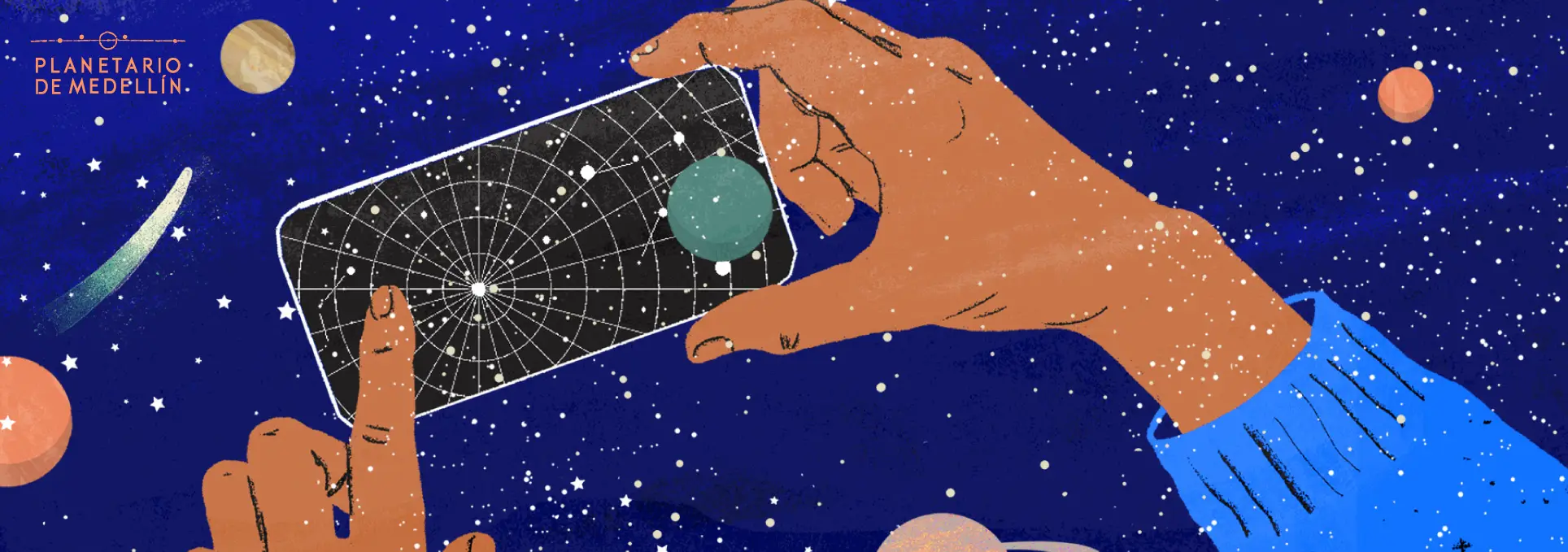 Ilustración sobre fondo azul con estrellas, planetas y dos manos sosteniendo un celular con un mapa estelar.