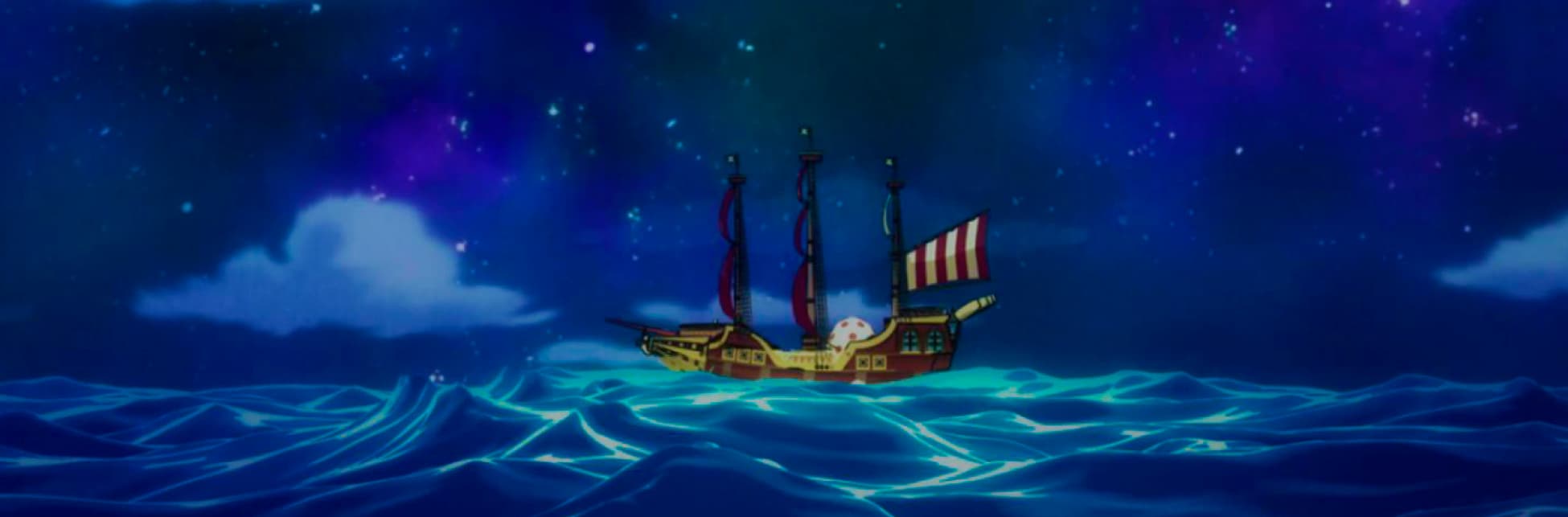 Ilustración. Sobre el agua del mar hay un barco con tres mástiles y una vela de lineas rojas y blancas, sobre él el cielo es nocturno, con nubes y estrellas.