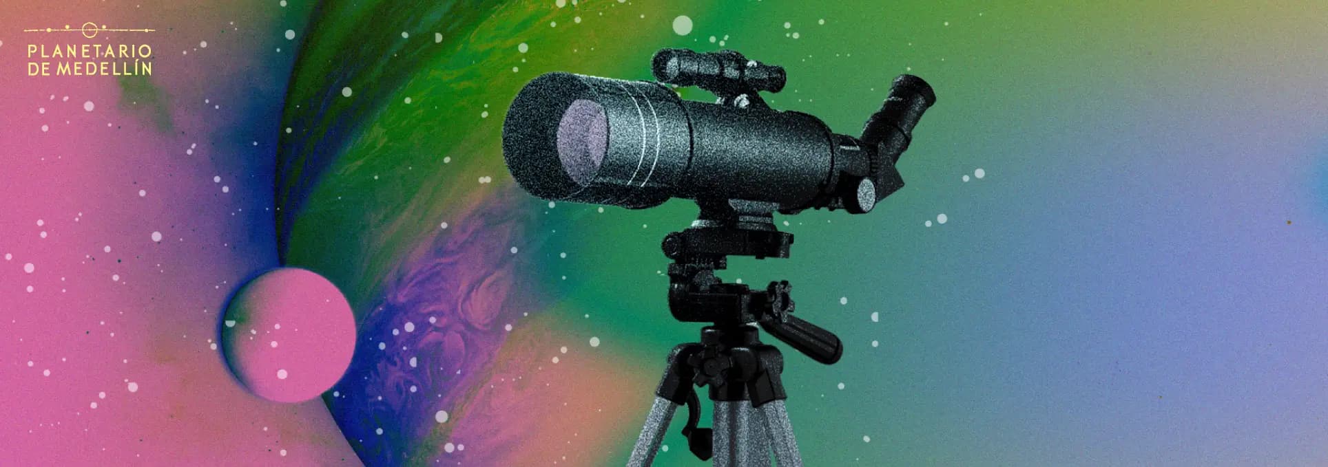 Ilustración sobre fondo de degradados verdes, rosados y azules con puntos que simulan estrellas y un telescopio sobre trípode a la derecha.