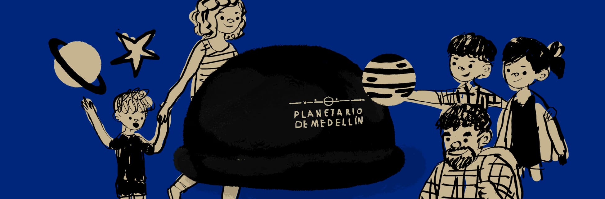 Ilustración. Sobre un fondo azul aparecen cinco personas dibujadas, un planeta con anillo y un domo negro en la parte inferior derecha.