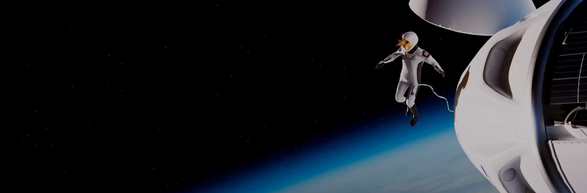 Ilustración. Un astronauta flotando en el espacio cerca de una nave espacial, con la vista del planeta Tierra en el fondo oscuro del espacio.