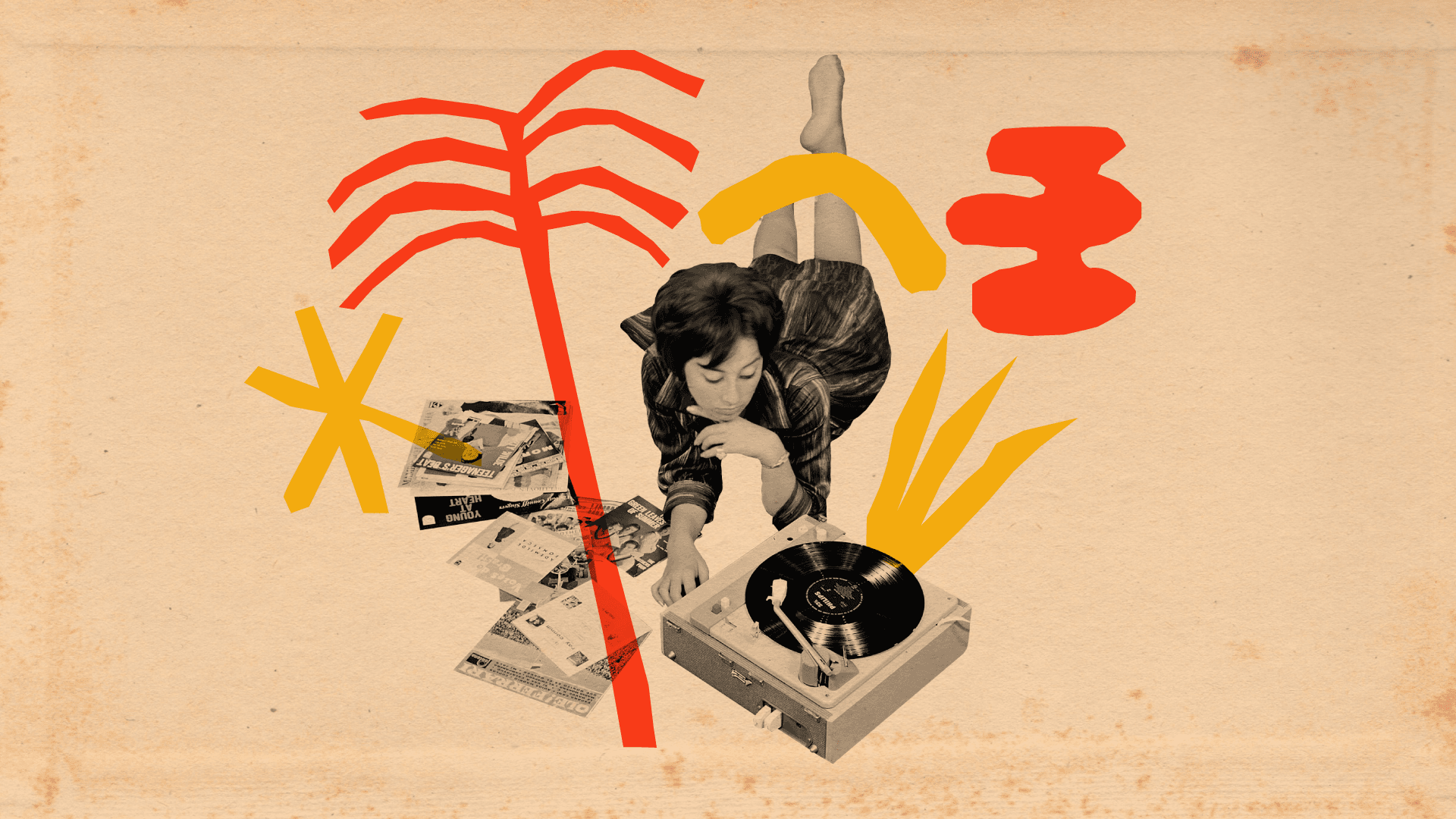 Collage. Una mujer está acostada boca abajo escuchando música en un tocadiscos. Tiene el cabello corto y liso y un vestido hasta las rodillas. A la izquierda tiene varios discos regados.