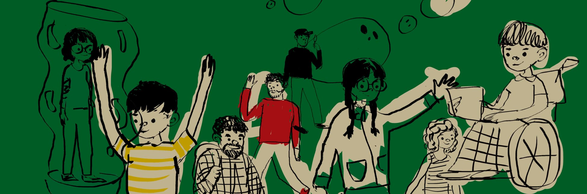 Ilustración de varias personas, incluyendo niños y adultos, en diferentes posiciones, sobre un fondo verde.