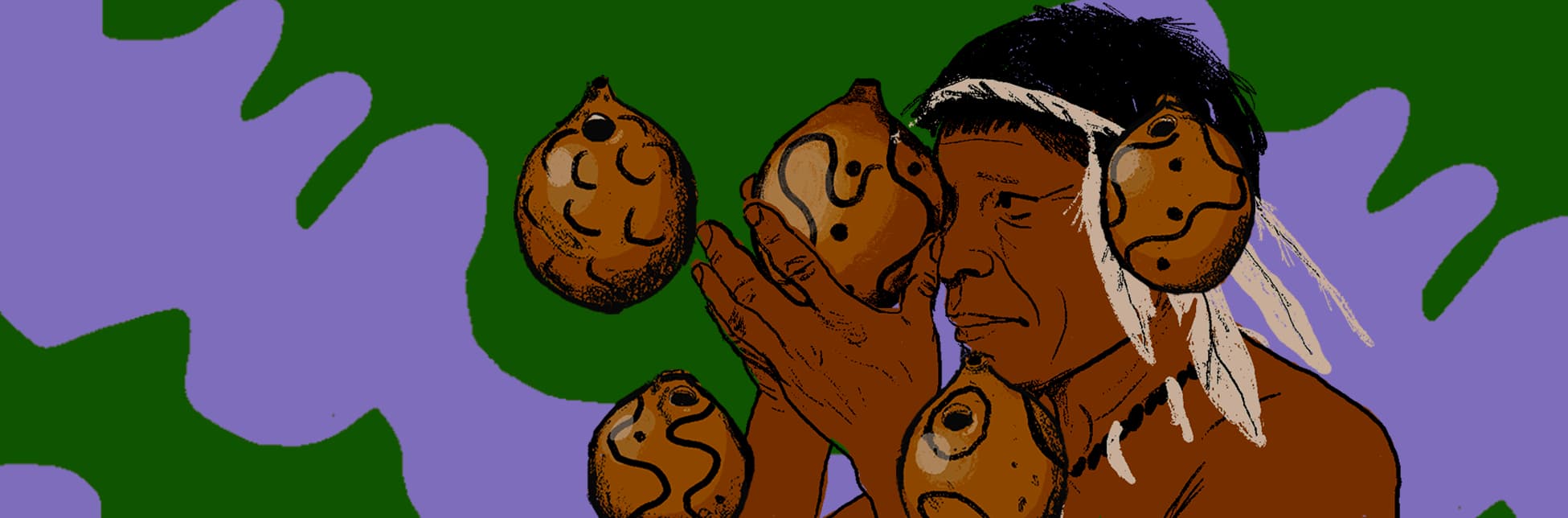 Ilustración de una persona indígena sosteniendo varias totumas.