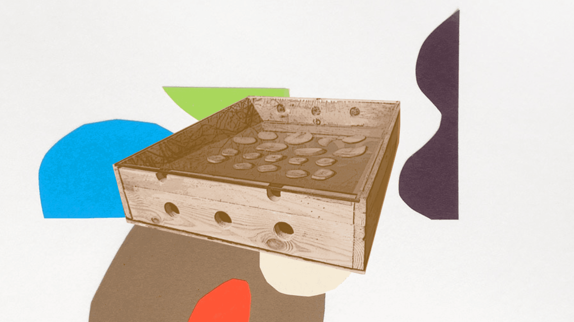 Ilustración. En el centro de la imagen un deshidratador solar conformado por una caja de madera abierta en la parte superior y con unas rebanadas de banano.