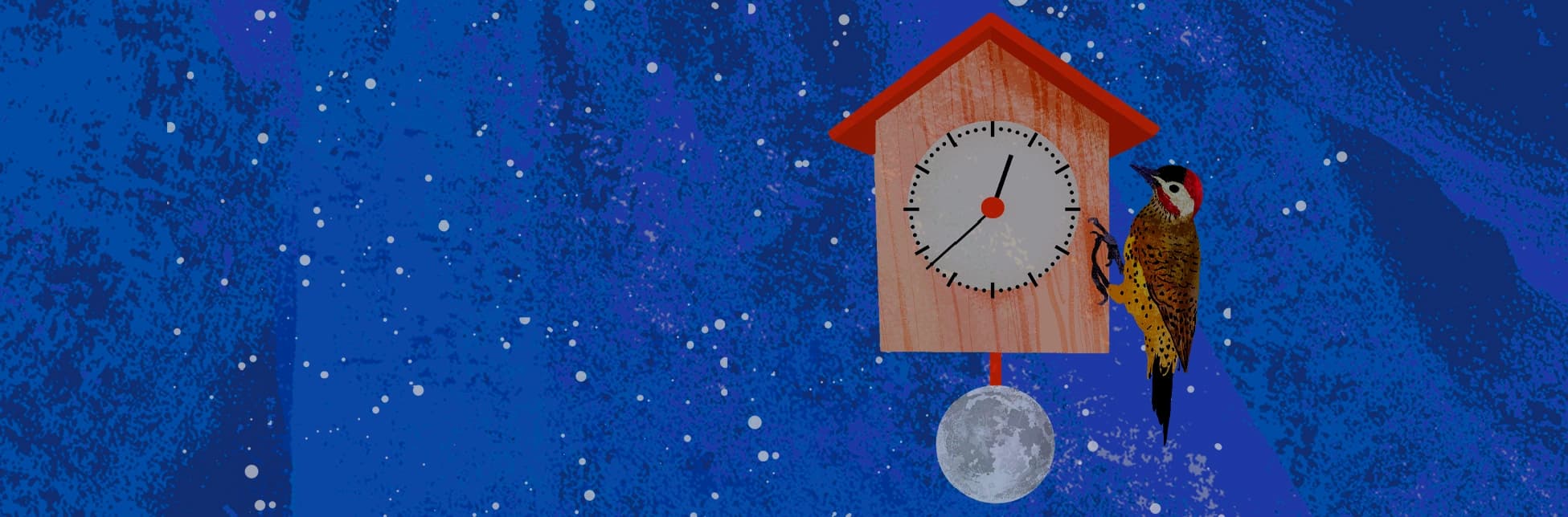 Ilustración de un reloj de cucú con forma de casa y un pájaro posado al lado, con una luna colgando abajo.