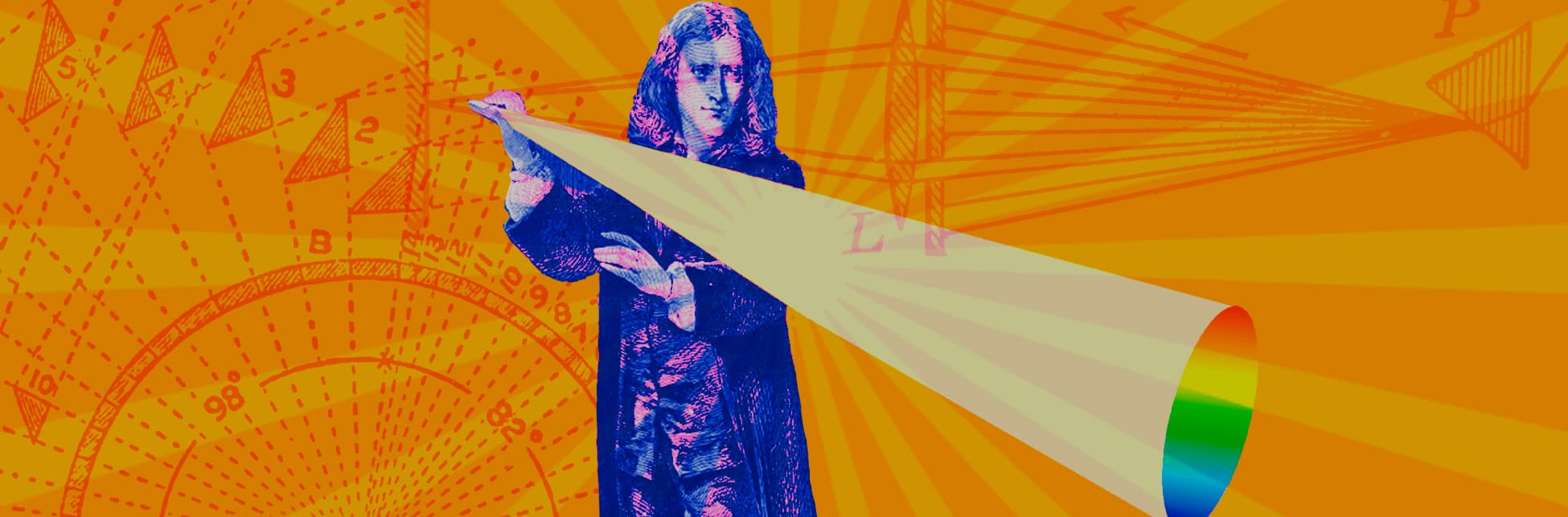 Ilustración. En la parte izquierda de la imagen del físico Isaac Newton, un hombre con ropa del siglo 17 con cabello largo y ondulado hasta los hombros. Con su mano derecha sostiene algo del que se desprende un rayo de luz blanca que termina en los colores del arcoíris.