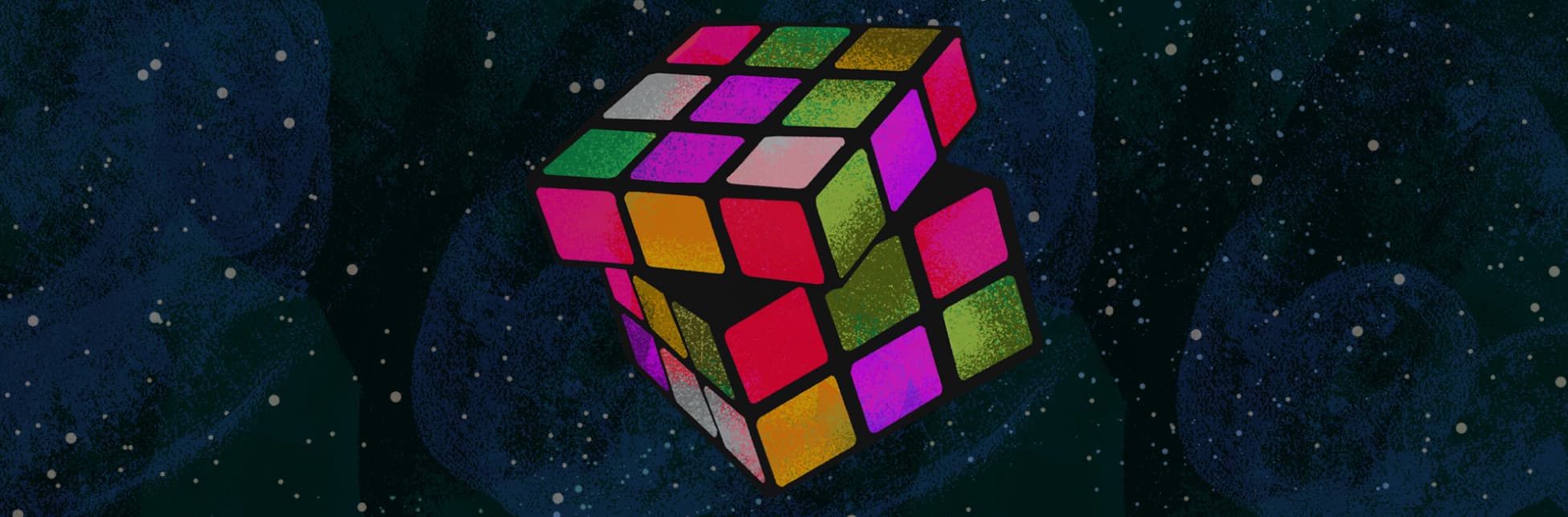 Ilustración. Sobre un fondo negro con estrellas, gira la fila superior de un cubo de rubik de colores.