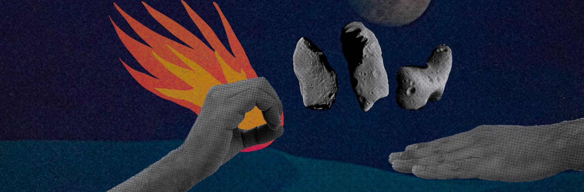 Ilustración. De la parte izquierda de la imagen sale una mano de perfil que junta los dedos formando una "o", de ella sale una llamarada simulando un meteoro. Frente a la mano hay varios asteroides, rocas amorfas color gris.