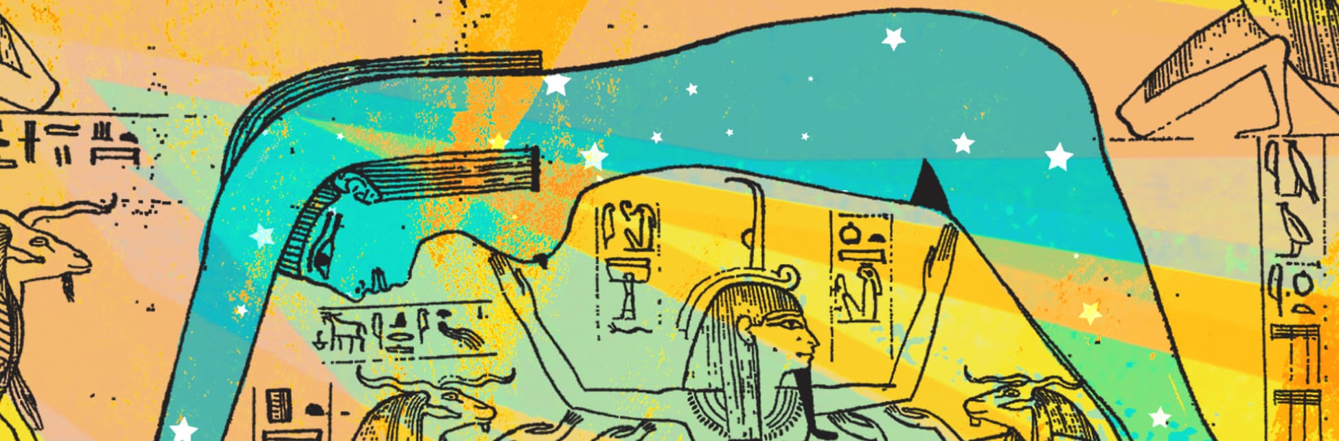 Ilustración. En el centro de la imagen una persona apoyada de manos y piés en el piso con el torso levantado formando un cuadrado. La persona está dibujada en líneas y dentro tiene varias estrellas. Debajo de ella varios jeroglíficos egipcios.