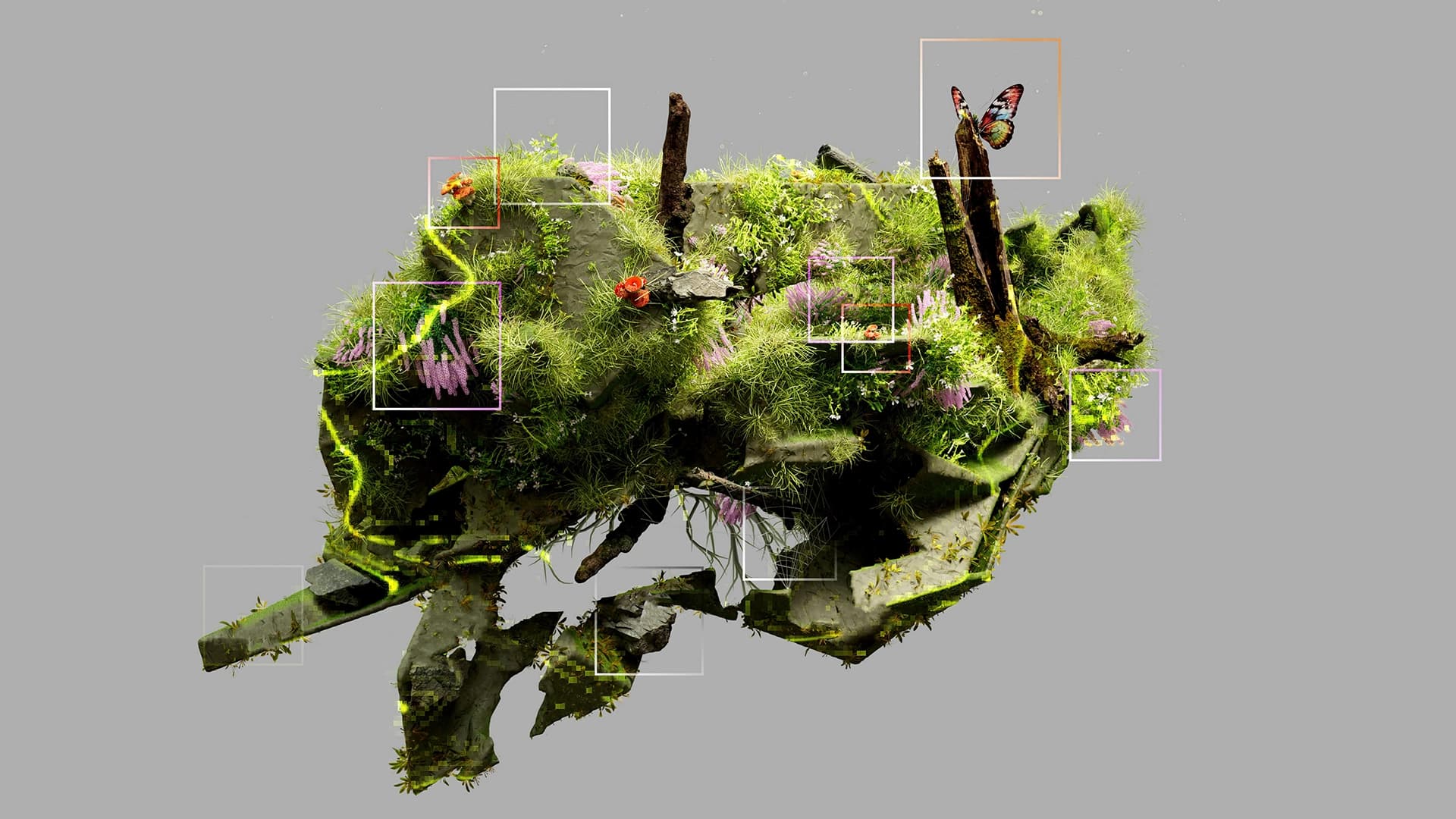 Ilustración. Sobre un fondo gris, se observa una estructura flotante con forma irregular, compuesta por fragmentos de roca, raíces y superficies cubiertas de musgo, pasto y pequeñas plantas. En distintas zonas aparecen flores y tallos morados, hongos anaranjados y hojas dispersas. En la parte superior derecha, una mariposa posa sobre una rama vertical. Alrededor de la figura hay varios recuadros superpuestos, ubicados sobre elementos vegetales, rocas, hongos y ramas, como si señalaran detalles del conjunto.