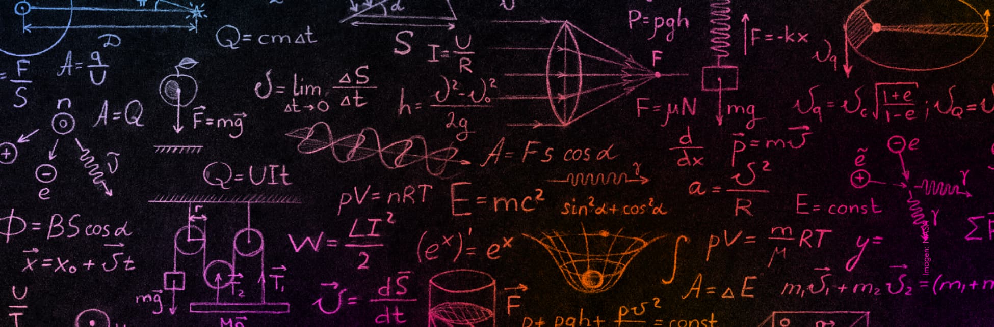 Ilustración. Sobre un fondo negro aparecen escritas a mano varias operaciones matemáticas y gráficos en tonos morados, rosados y naranjas.