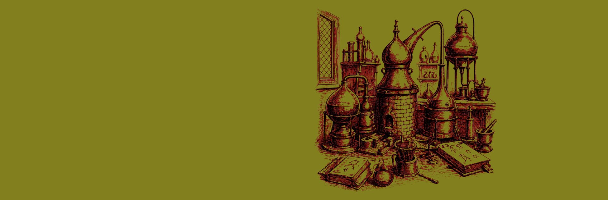 Ilustración. Sobre un fondo amarillo, un dibujo de instrumentos antiguos de laboratorio como alambiques, frascos, tubos y libros.