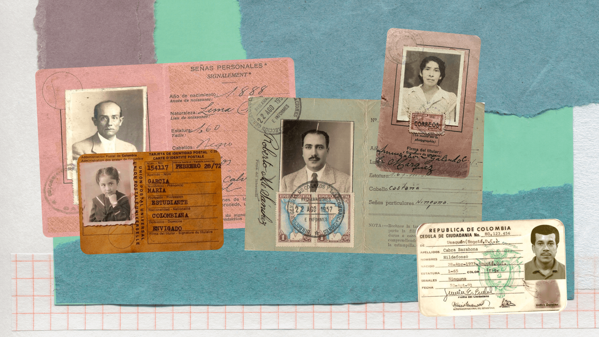 Ilustración. Sobre un fondo de colores aparecen cinco documentos de identidad con formatos diversos pertenecientes a cinco personas distintas. Cada uno tiene la fotografía y datos como nombre, año de nacimiento, cabello, estatura.