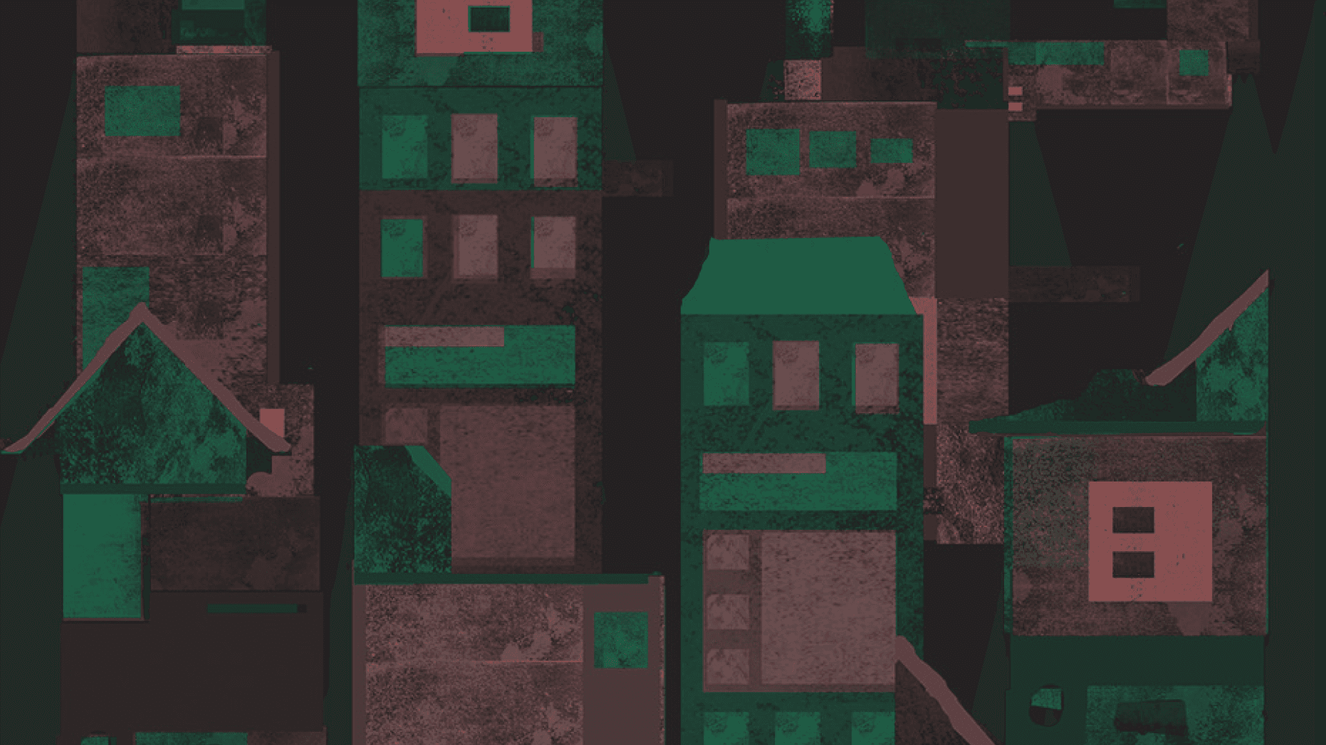 Ilustración. De fondo, casas y edificio verdes y vinotinto se erigen en filas.