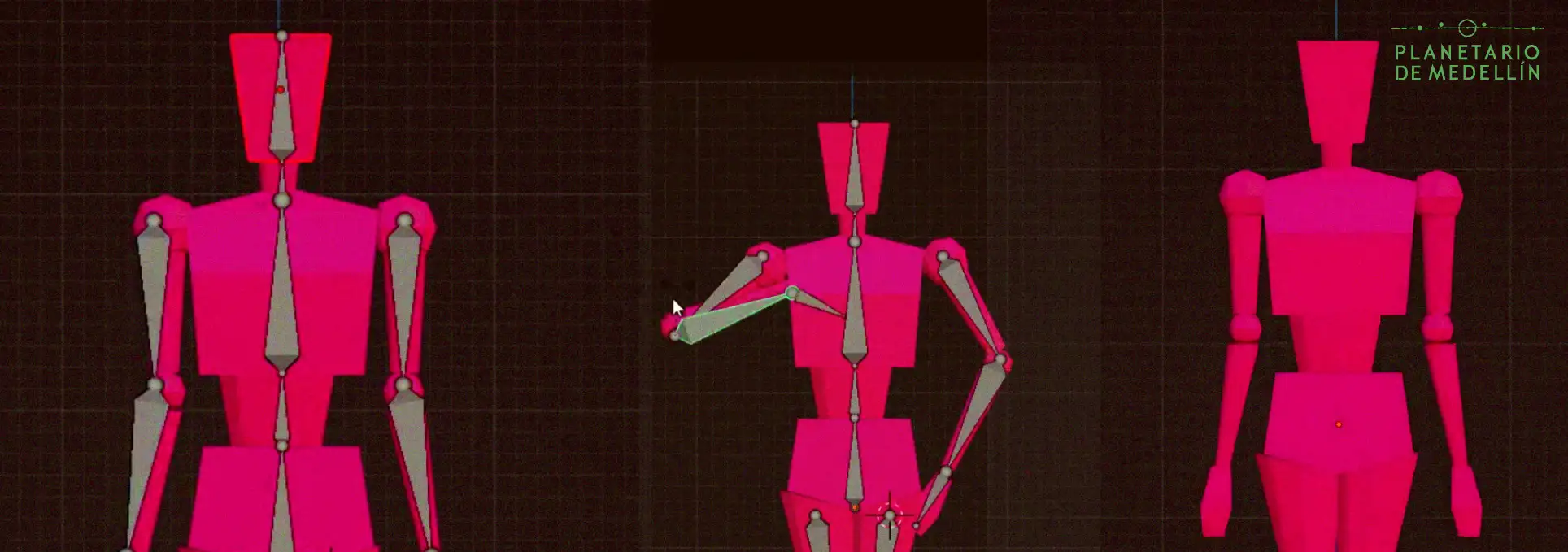 Ilustración. Sobre un fondo oscuro con líneas de cuadrícula, se observan varias figuras humanas geométricas en tonos rosados, creadas en un entorno digital de modelado 3D. Algunas de las figuras están estáticas y otras muestran estructuras internas que simulan articulaciones.