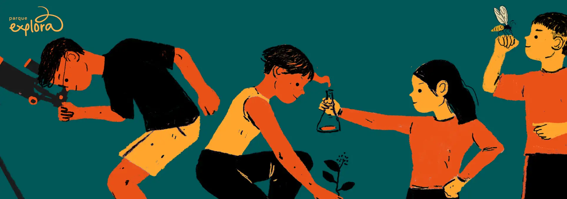 Ilustración. Sobre un fondo verde oscuro, se observan cinco figuras humanas realizando actividades científicas: una persona siembra una planta, otra observa a través de un telescopio, una sostiene un matraz con líquido, otra examina un insecto y una más mira el conjunto.