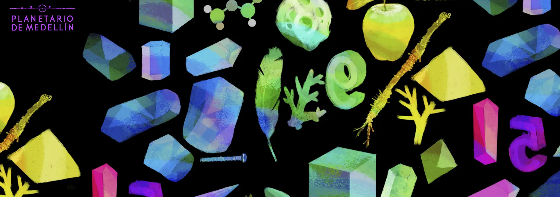 Ilustración. Sobre un fondo negro se distribuyen múltiples figuras en colores brillantes y efectos de transparencia: cristales, frutas, plumas, engranajes, estructuras moleculares, hojas y elementos geométricos.