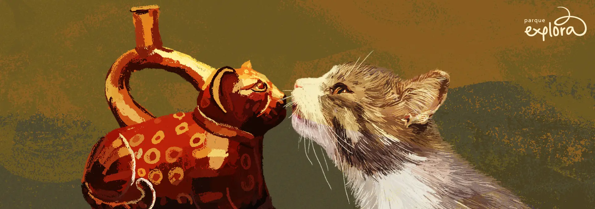 Ilustración. Sobre un fondo en tonos cálidos, se observa un gato de pelaje blanco y marrón mirando hacia una vasija de cerámica en forma de gato rojo decorado con puntos anaranjados.