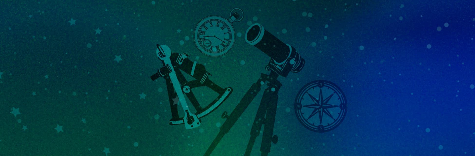 Ilustración. Sobre un cielo estrellado aparecen un telescopio, un sextante, un reloj de bolsillo y una brújula.