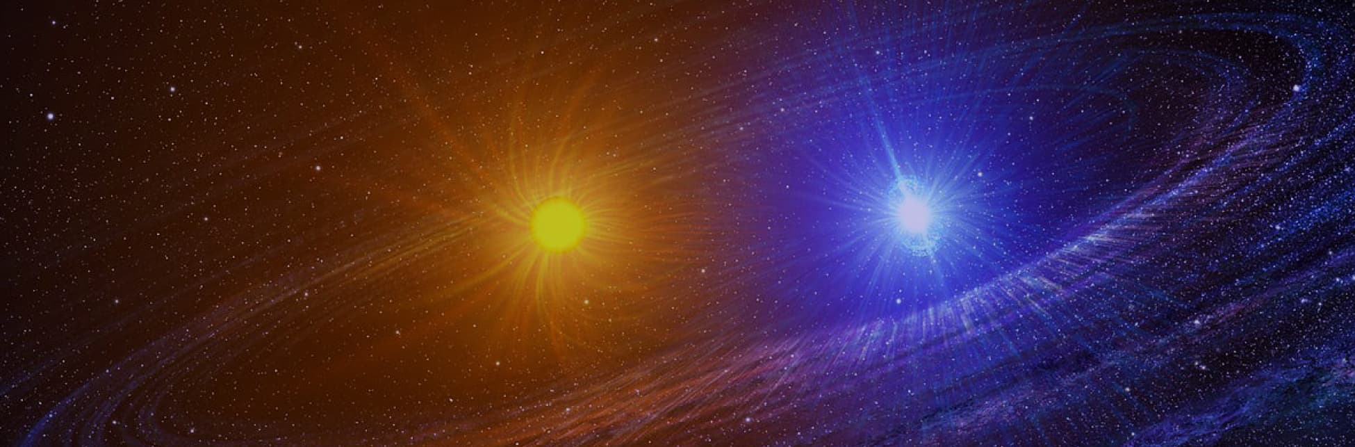 Ilustración de un sistema estelar binario con dos estrellas, una amarilla y una azul, rodeadas de un fondo espacial lleno de estrellas y colores vibrantes.