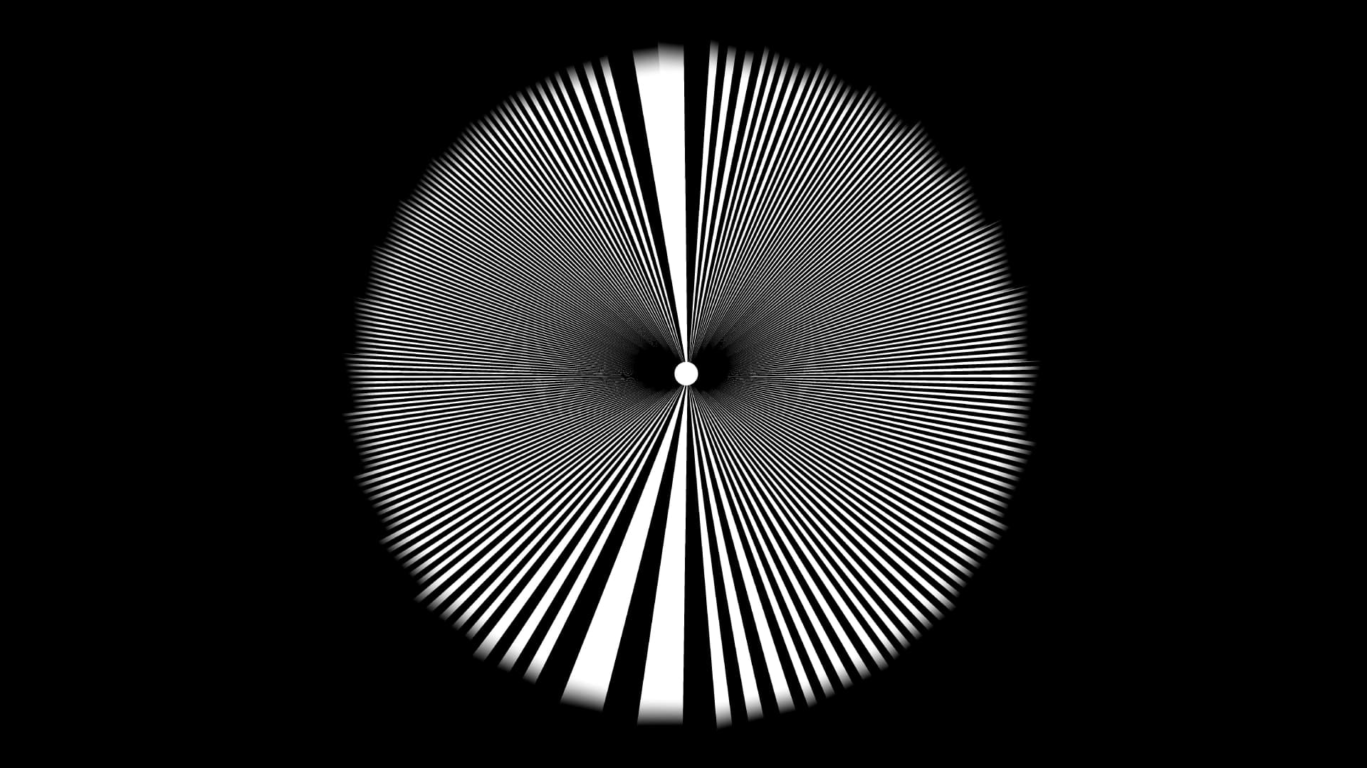 Ilustración. Sobre un fondo negro se observa una figura circular compuesta por numerosas líneas blancas y negras que parten desde un pequeño círculo central y se expanden hacia el borde. Las franjas se hacen más anchas en la parte superior e inferior, donde forman dos grandes espacios blancos enfrentados. Alrededor del centro aparecen dos zonas oscuras difuminadas y una delgada línea horizontal atraviesa la composición.