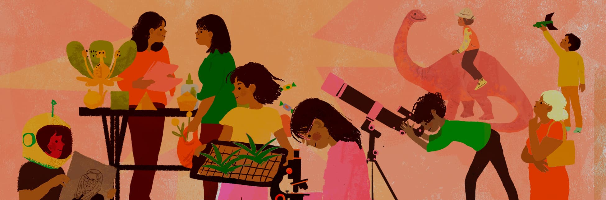 Ilustración. Sobre un fondo en tonos cálidos, varias niñas y mujeres participan en actividades científicas. A la izquierda, una niña con un casco de astronauta sostiene un retrato de una mujer. Frente a ella, dos jóvenes conversan junto a una mesa con plantas y frascos. En el centro, una niña lleva una bandeja con plantas y otra observa un microscopio. A la derecha, una niña mira por un telescopio mientras una mujer mayor sonríe. En el fondo, un niño monta un dinosaurio rosado y otro lanza un cohete de juguete.