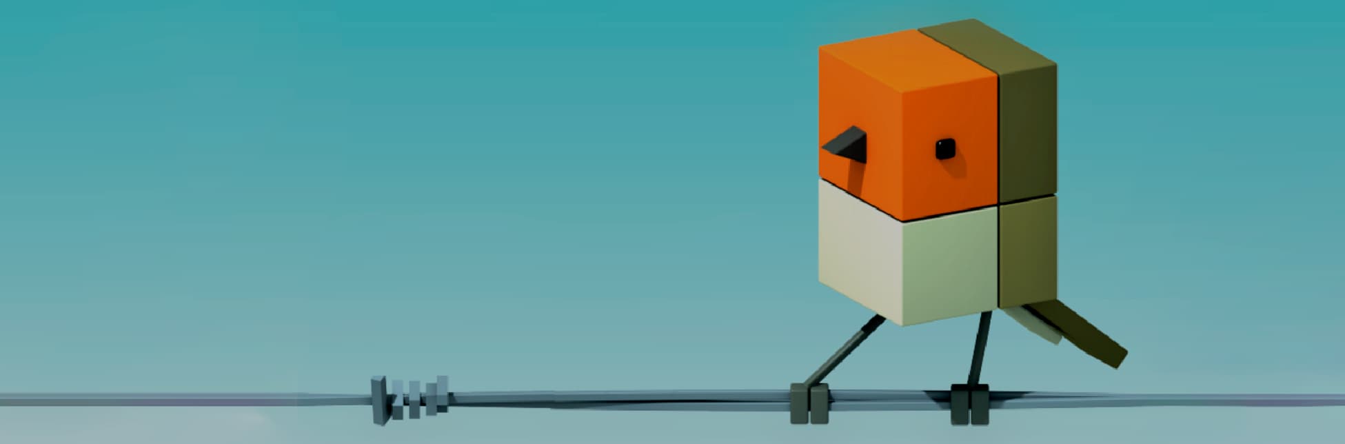 Ilustración. Sobre un fondo celeste degradado, aparece un pájaro de diseño geométrico con cuerpo en forma de cubos y patas delgadas, que camina sobre un alambre con aisladores.