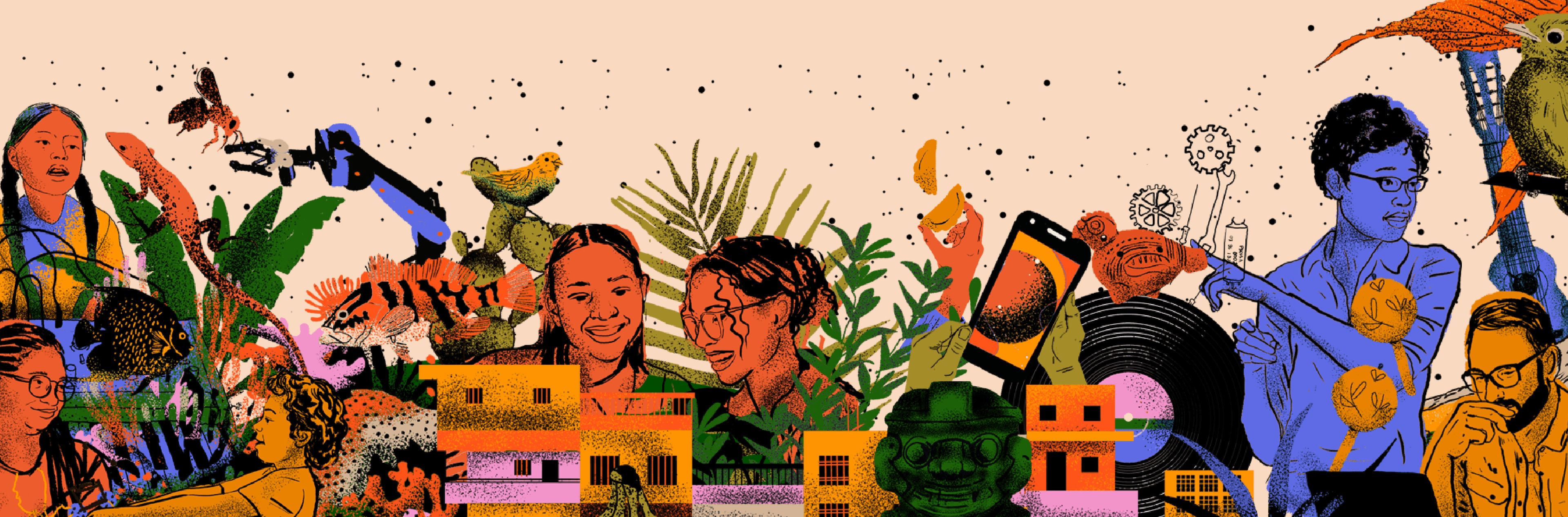 Ilustración. La imagen muestra varios elementos distribuidos horizontalmente. En la parte izquierda hay plantas verdes, aves amarillas y peces naranja. En el centro se observan edificios de color naranja y amarillo, vegetación tropical con hojas de palma, y un teléfono móvil, y dos mujeres sonriendo, con la piel en tono naranja. A la derecha aparecen figuras de barro, una mano con una empanada, un disco de vinilo negro y algunos edificios. El fondo es de color beige claro con pequeños puntos dispersos.