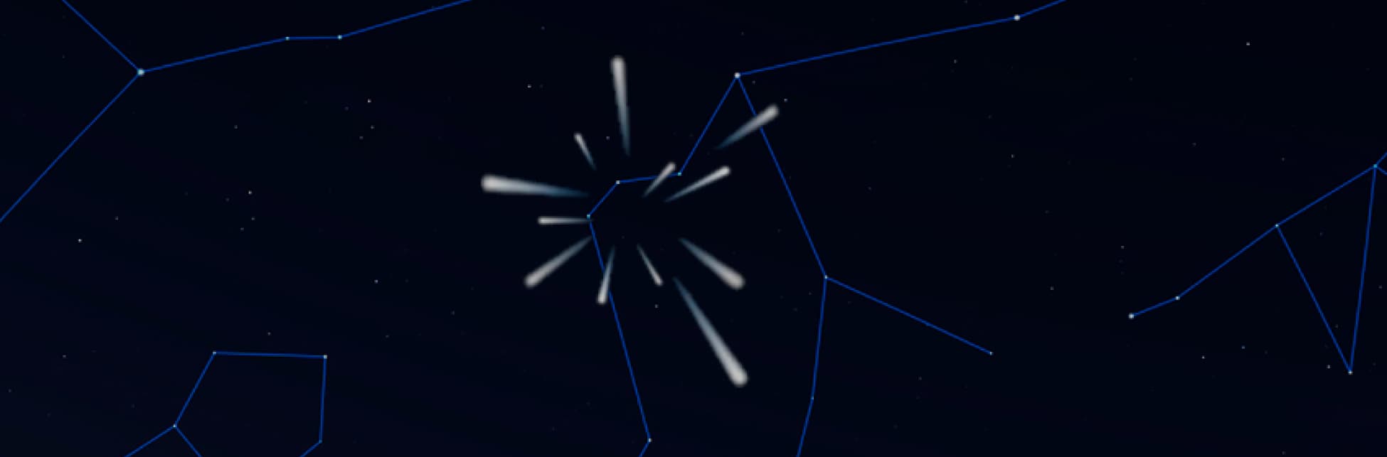 En la imagen se observa un fondo oscuro que representa el cielo nocturno, donde se destacan varias líneas azules que forman constelaciones. En el centro, hay un grupo de líneas blancas que irradian desde un punto central, simulando meteoros en movimiento. Este diseño evoca la lluvia de meteoros Delta Acuáridas, un evento astronómico en el que se ven varios meteoros cruzando el cielo nocturno.