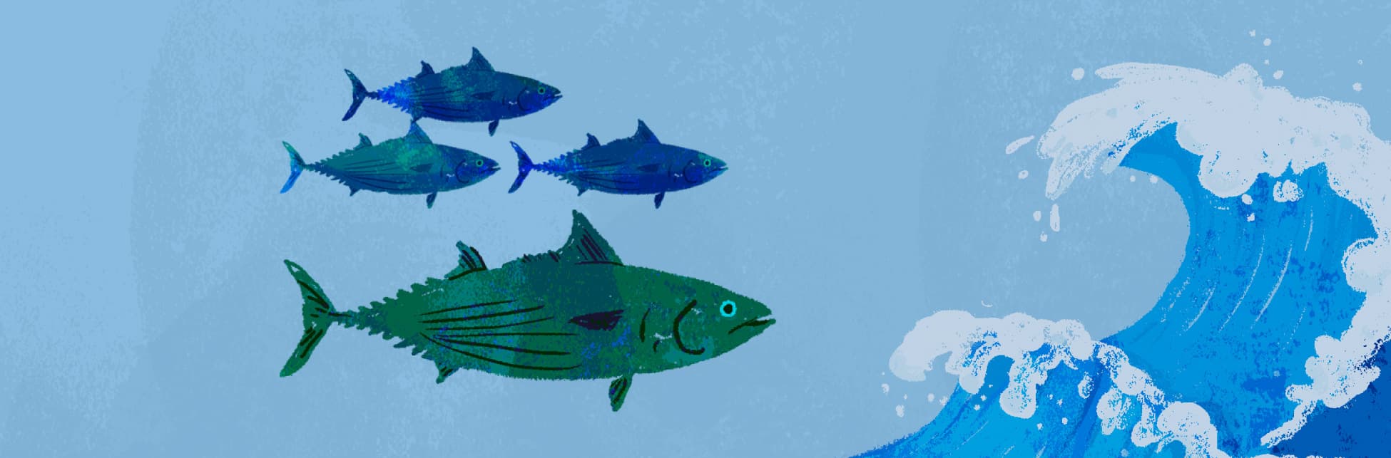 Ilustración. Cuatros peces nadando, con su mirada dirigidas hacia el frente, tiene textura puntiaguda en la parte de su cola, el cuerpo cubierto de escamas y sus colores varían entre diferentes tonalidades de azul y verde. Al frente de ellos se forma una gran ola.