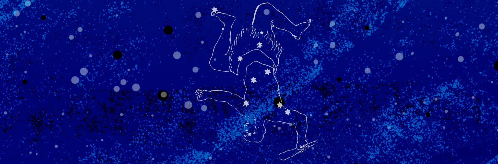 ilustración. Sobre un fondo azul con puntos blancos está la constelación de hércules representada por un hombre con el torso desnudo y sosteniendo un mazo. El dibujo se encuentra de cabeza.