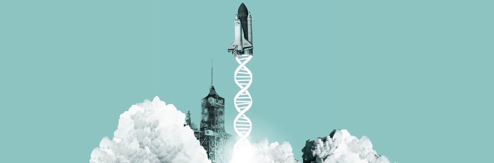 Ilustración. Sobre un fondo azul, en el cielo se ve un transbordador espacial que vuela verticalemnte y deja detrás una estela con forma de adn. En la parte inferior, a los lados, se ve el humo que dejó al despegar.