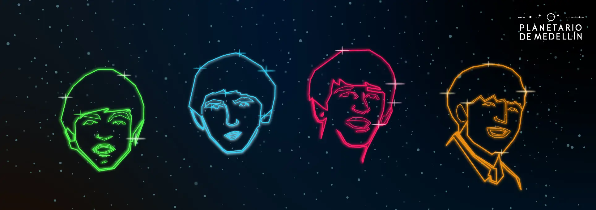 Fondo oscuro con estrellas y rostros delineados como constelaciones.
