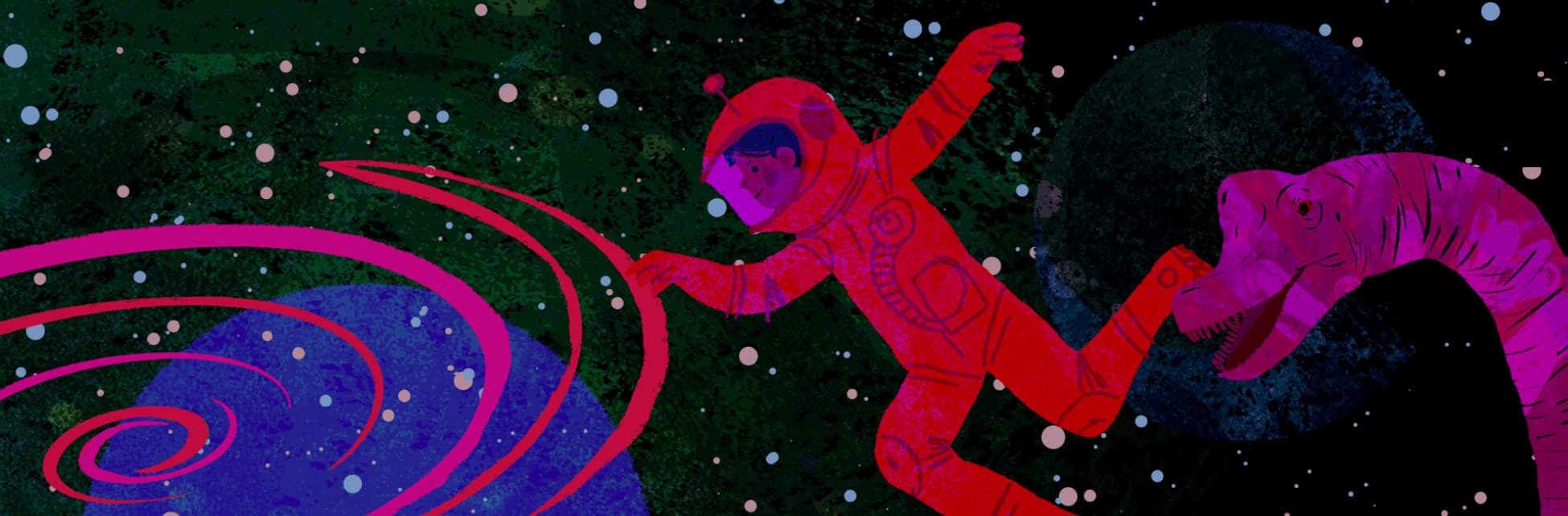Ilustración. Un niño astronauta con un traje espacial rojo flota en el espacio, al lado de él un dinosaurio de cuello largo, a su alrededor tienen puntitos blancos.