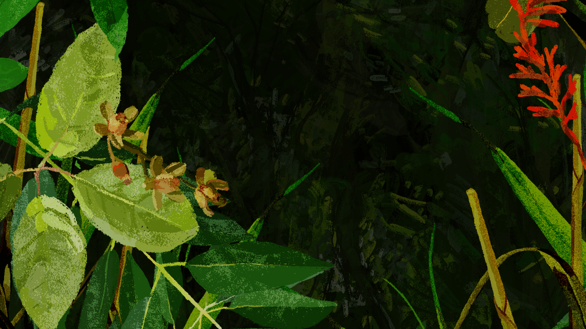 Ilustración. A cada lado de la imagen aparecen dos plantas con ramas, hojas y flores. El fondo es oscuro y se observan algunas hojas.